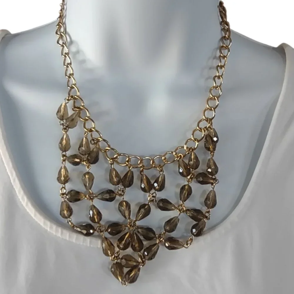 Gold Toned Drop Necklace Olive Green Clear Beaded Floral Design